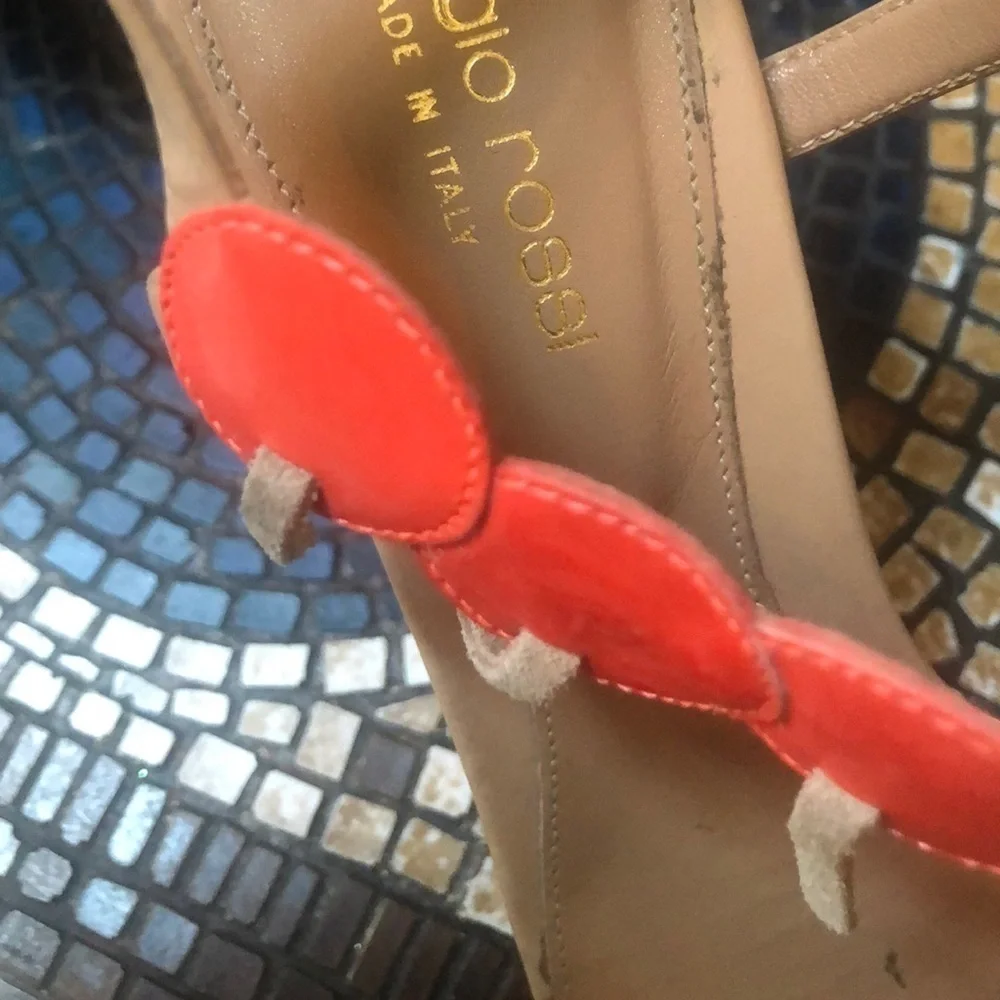 Sergio Rossi Coral Orange Frilled Leather Platform Open Toe Italian Sandals 37.5 - Picture 7 of 16